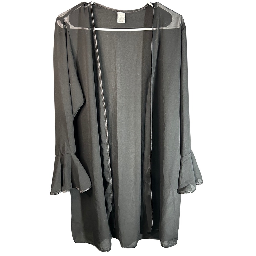 Black‎ Sheer Chiffon Open Front Cardigan Bell Sleeve Cover Up Small RN 104560
